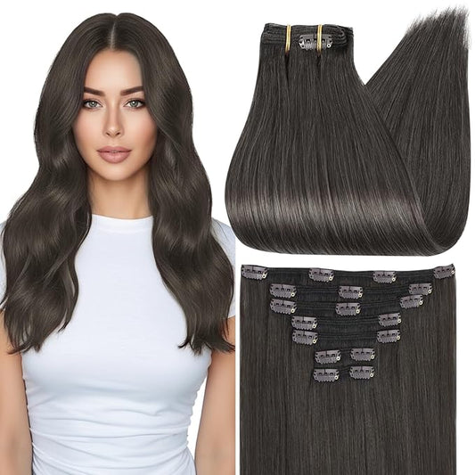 Full Shine Real Hair Extensions Clip in Human Hair Mocha Brown Human Hair Clip ins for Fine Hair 20 Inch 120 G 7 Pcs