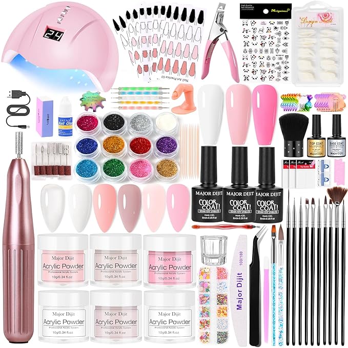 Acrylic Nail Kit for Beginners with Everything nail drill with lamp 6pcs powder with 3pcs gel nail polish for Women Home DIY
