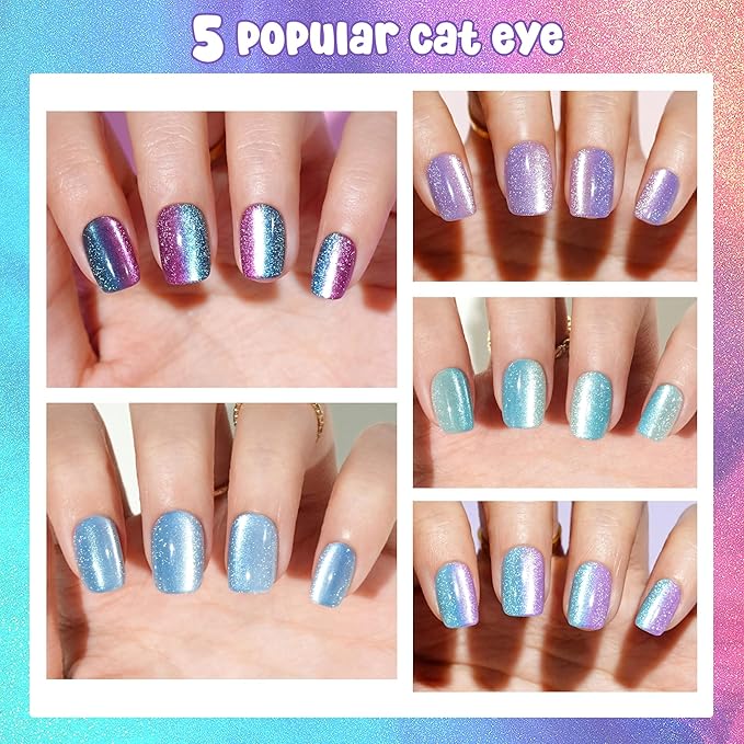 Cat Eye Press on Nails Short - 5 Styles Unique Two-color Ombre Cat Eye Press on Nails, Bt Art Box Press On Nails, Soft Gel x Coat Nails False Nails in 16 Sizes - 160 PCS Soft Glue On Nails Kit