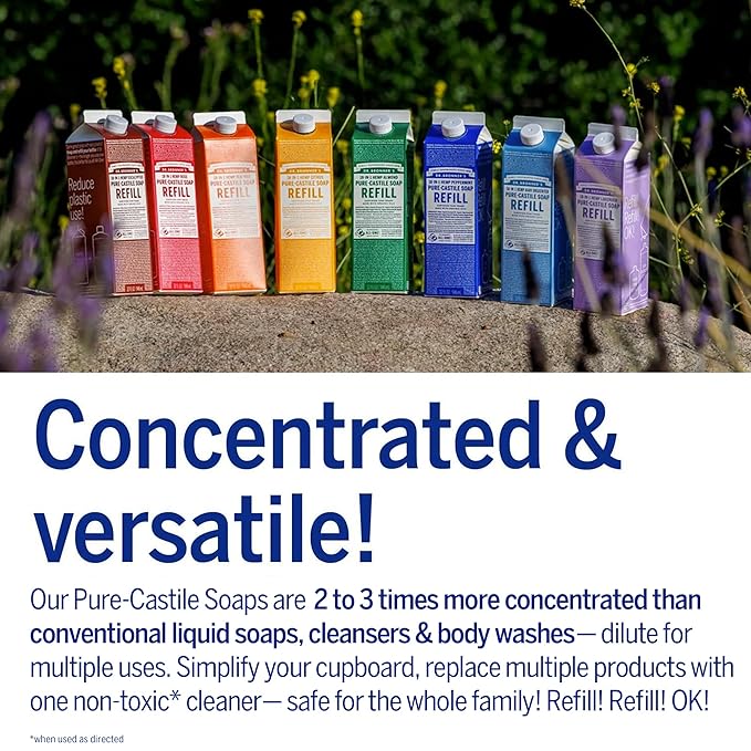 Dr. Bronner's - Pure-Castile Liquid Soap Bottle & Refill Carton Made with 82% Less Plastic (Almond, 32 oz) - Face, Body, Hair, Laundry, Dishes & More, Super-Concentrated, Organic, Vegan, Non-GMO