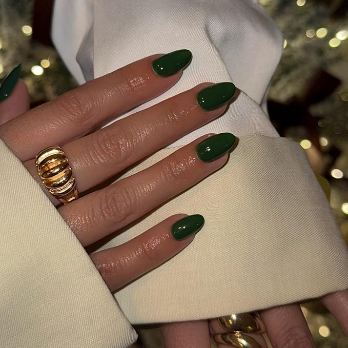 Dark Green Press on Nails Short Almond Shape, Thick Solid Color Glue on False Nails, Medium Oval Round Shaped for Women, 24Pcs Natural Acrylic Gel