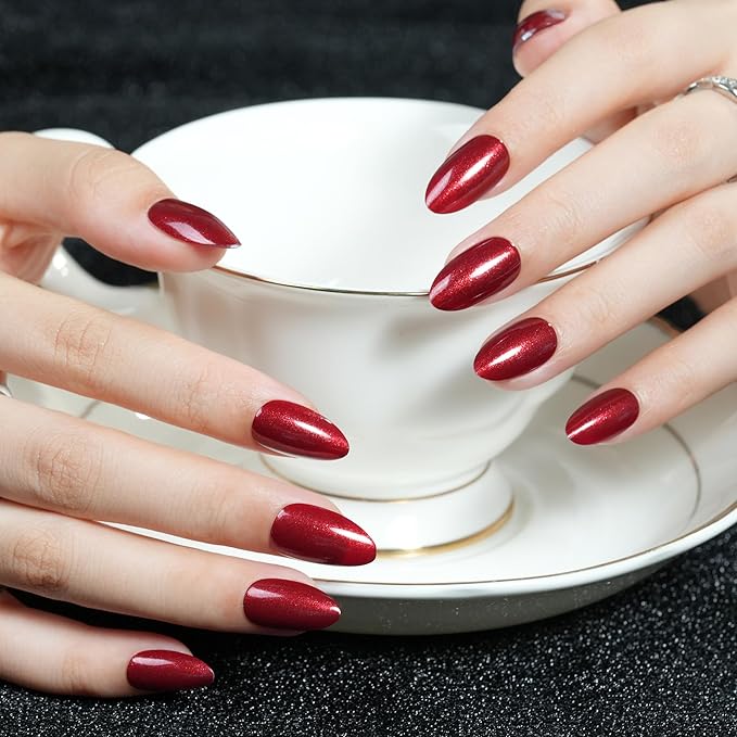 Red Press on Nails Almond, Jofay Fashion Soft Gel Fake Nails, Wine Red Glitter Press on Nails, Reusable & Natural Acrylic False Nails, Stick on Nails for Women Gift, Glue on Nails Kit 32 Pcs