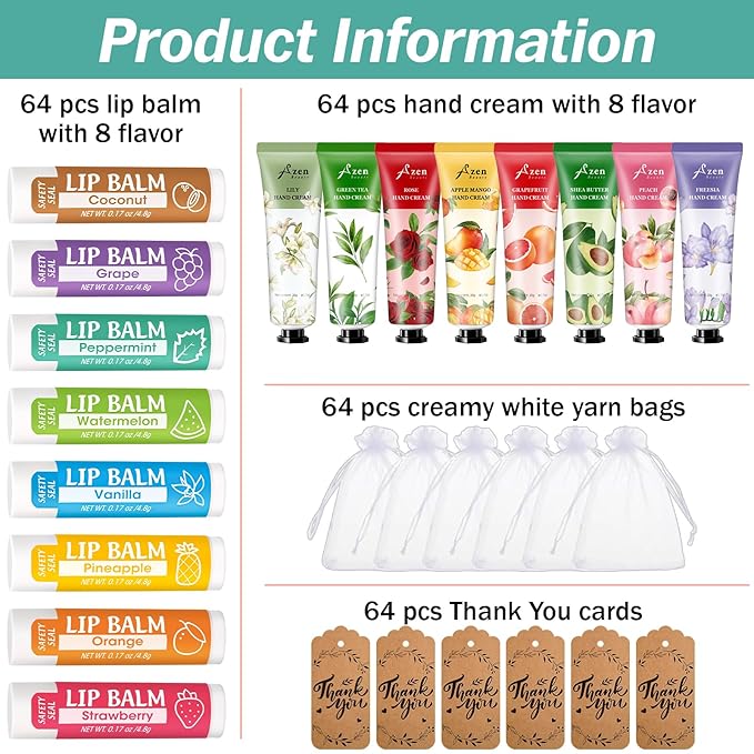 AZEN 64 Sets Bulk Gifts, Hand Cream and Lip Balm Bulk Set with Organza Bag Thank You Card, Baby Shower Wedding Gifts for Guests, Bridal Wedding Favors for Guests,Thank You Gifts for Women