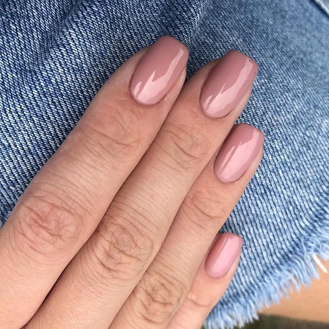 Modelones 32Pcs Peach Pink Press on Nails, Christmas Short Square Fake Nails, Reusable Nail Kit with Nail Glue Adhesive Tabs Mini Nail File, Nails Press Ons 16 Sizes