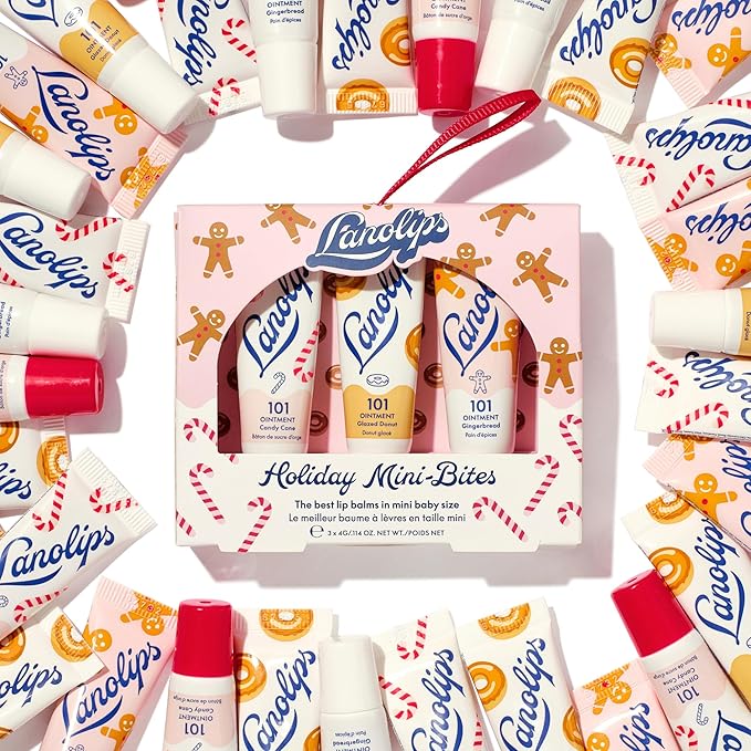 Lanolips Holiday Mini Bites Gift Set - Includes 101 Ointment Lanolin Lip Balm in Candy Cane, Glazed Donut & Gingerbread - Limited Edition Lanolin Holiday Gifts (3 Pieces)