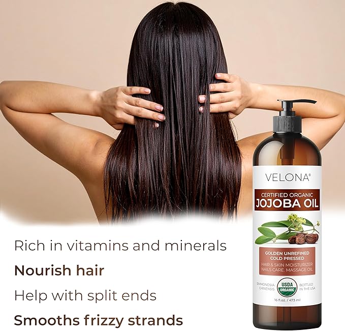 velona Jojoba Oil USDA Certified Organic - 16 fl oz (With Pump) | 100% Pure and Natural | Golden, Unrefined, Cold Pressed, Hexane Free | Moisturizing Face, Hair, Body, Skin Care