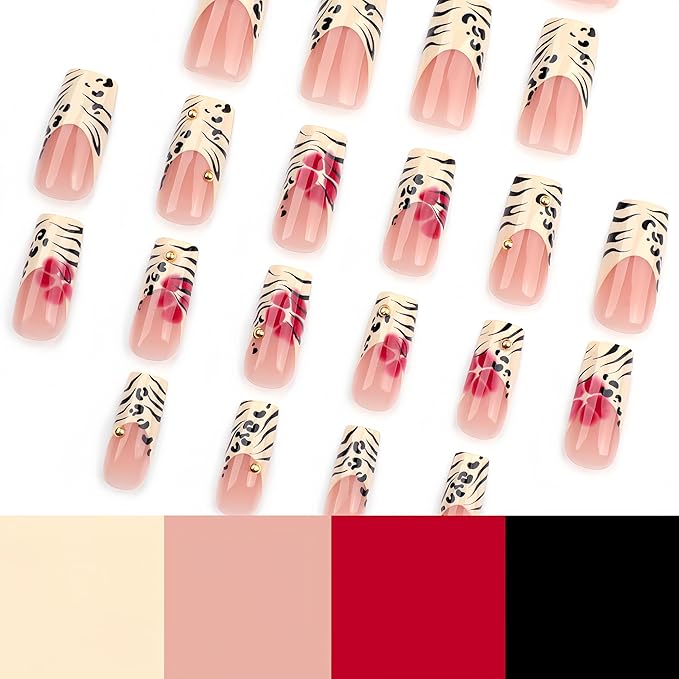 Leopard Print French Tip Press on Nails Long Square Fake Nails with 3D Gold Pearl Designs Red Blooming Flower Full Cover Glue On Nails Reusable Coffin Autumn Winter Brown False Nails for Women 24Pcs