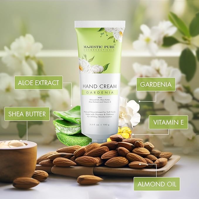 Majestic Pure, Gardenia Hand Cream | 100% Pure & Natural | Helps in Nourishment and Soft Hands | Almond Oil, Aloe Vera Extract, Shea Butter | 3.5 Fl Oz