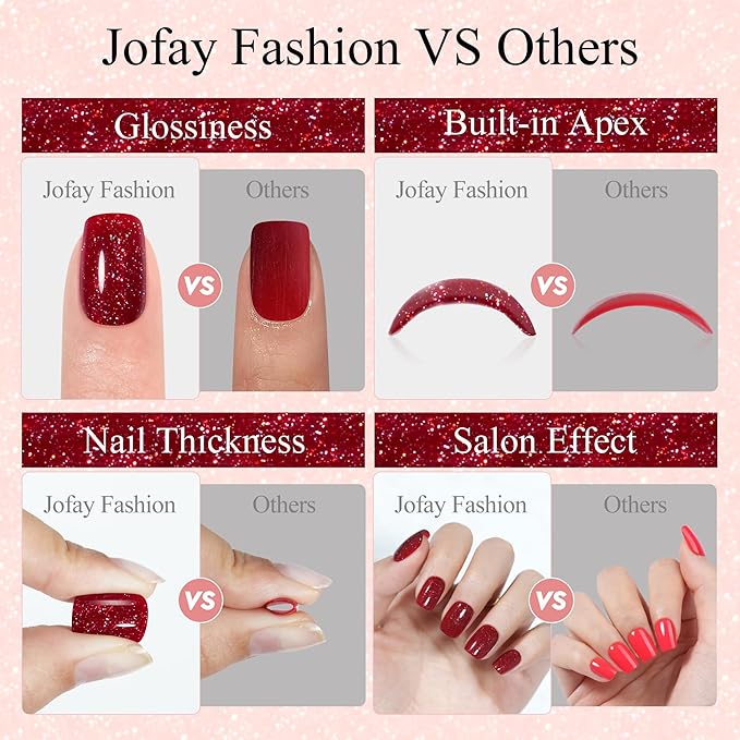 Valentines Press on Nails Short 5 Styles, Jofay Fashion 160Pcs Red Press on Nails, Square Glossy Glitter Fake Nails, Reusable Artificial Acrylic False Nails, Glue on Nails for Women