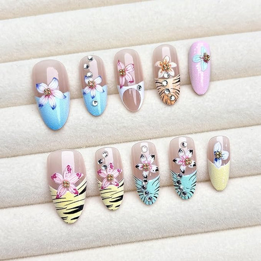 30Pcs Colorful Flower Press on Nails Medium Almond Fake Nails with 3D Gold Beads Rhinestones Design White Leopard Line French Tip False Nails Pink Nude Stick on Nails for Spring Summer Nails