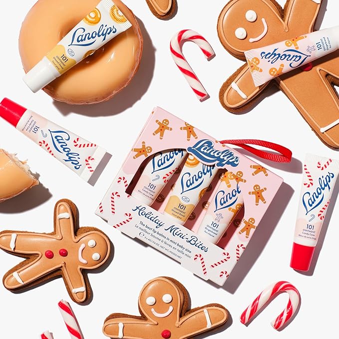 Lanolips Holiday Mini Bites Gift Set - Includes 101 Ointment Lanolin Lip Balm in Candy Cane, Glazed Donut & Gingerbread - Limited Edition Lanolin Holiday Gifts (3 Pieces)