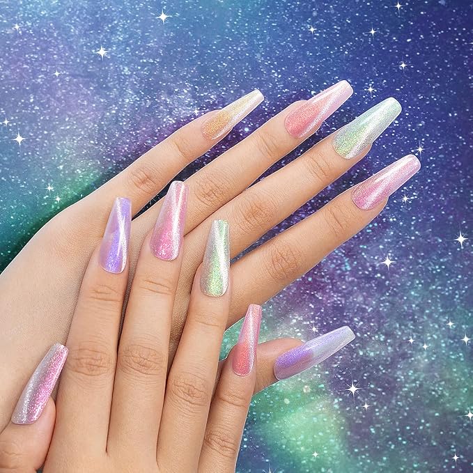 RARJSM Aurora Cat Eye Gel Nail Polish Set 6 Colors Velvet Silver Glitter Purple Pink Green Champagne Galaxy Star Cloud Ice Gel Polish with Magnet Stick UV LED Curing Requires Soak Off Home Salon