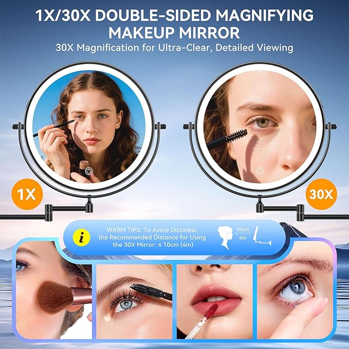 10'' 30X/1X Wall Mounted Lighted Makeup Mirror, 5000mAh Rechargeable Double-Sided Magnifying Mirror with Light, LED Vanity Mirror Touch Dimmable 3 Colors 360° Rotation Extended Foldable Arm, Black