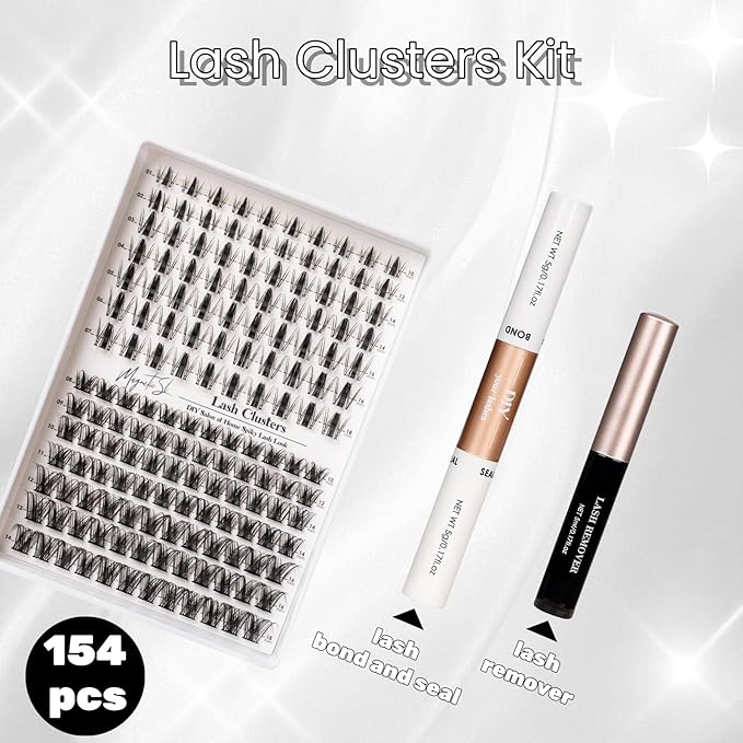 Lash Clusters 154pcs Manga Lash Extension Kit Curly 10-18mm Cluster Eyelash Extensions Natural Lash with Bond and Seal-M32+M34（Spiky+Natural）