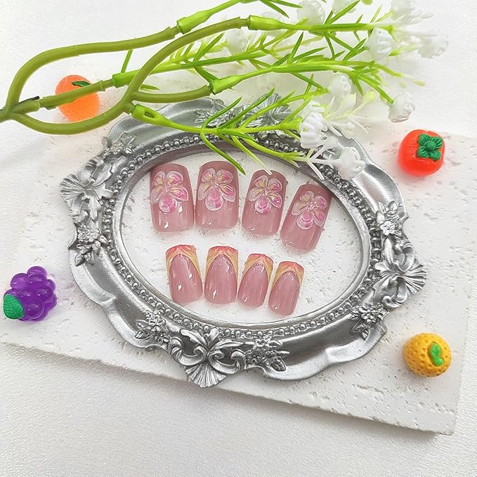 Spring Press on Nails Square Medium Fake Nails with Flower Designs French Tip Nails Press ons Glossy Glue on Nails Nude Acrylic Nails Cute False Nails Summer Stick on Nails for Women 24Pcs