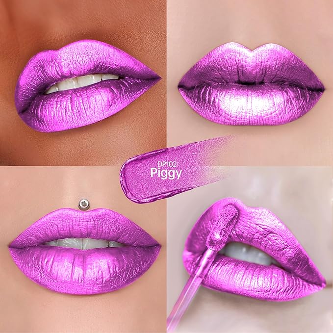 Purple Lipsticks for Women Metallic Lipstick Long Lasting Lip Gloss Metal Shine Lightweight Hydrating Full Coverage Lip Color, DP102 Piggy