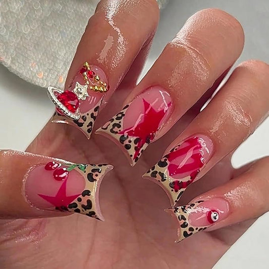 BABALAL Duck Nails Press on False Nails Cheetah Brown Fall Fake Nails French Tip Glue ons with Planet Charm Y2k Leopard Star Acrylic Handmade Manicure Full Cover False Nails 24Pcs