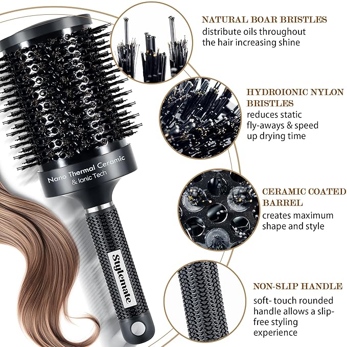 Large Round Brush, (Barrel 2.7 Inch, 65mm,) Nano Thermal Ceramic & Ionic Tech Round Barrel Roller Hair Brush with Boar Bristles for Blow Drying-Black