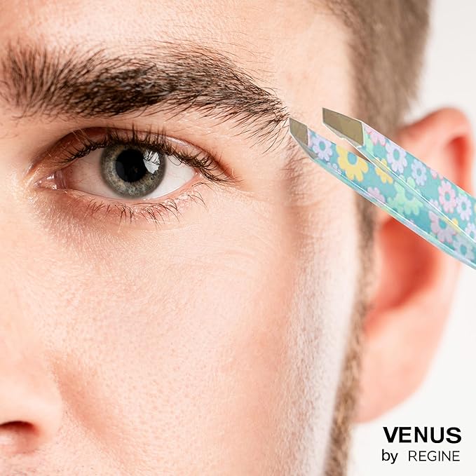 Venus by Regine Slant Tweezers - Handmade Precision Tool for Women & Men, 25-Degree Angle for Shaping Eyebrows & Grooming Facial Contours, Suitable for Eyebrow & Facial Hair Removal (Small Flowers)
