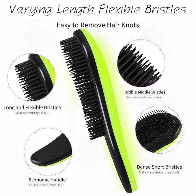 79STYLE 3pcs Detangler Brush Tangle Free Hair Brushes For Kids Knot Free No Pain Detangling Kids Hair Brush Combs For Women Curly Fine Hair (Size 7.4 Inch -Green)