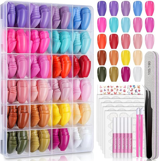 720PCS Coffin Press On Nails, TsMADDTs 24 Colors Acrylic Medium Short Ballerina False Nails Tips with Glue, File, Tabs, Stickers and Tweezer for Art DIY