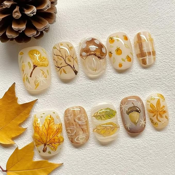 30Pcs Fall Press on Nails Short Square NEWSPIED Fake Nails with 3D Maple Leaf Mushroom Pine Cones Design Autumn Thanksgiving Nails Reusable Artificial Nails Glossy Full Cover Glue on Nails for Women