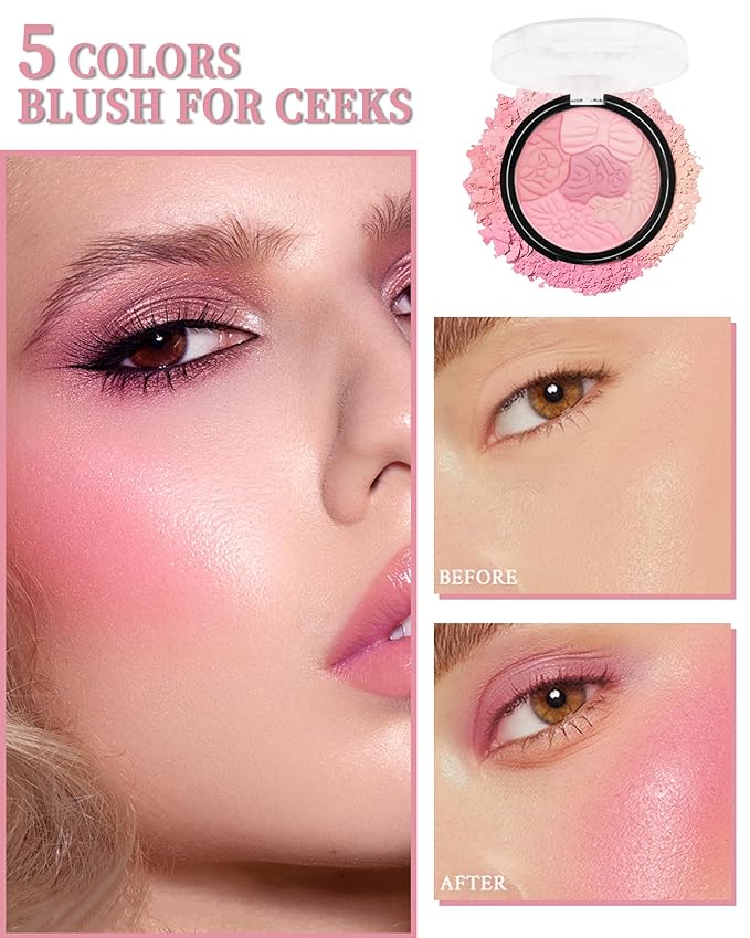 Flower Blush for Cheeks, Matte Shimmer Face Blush Powder,Contour Multiuse Facial Make up Palette,Long Lasting Waterproof Embossed Blusher,Mother's Day Makeup Gift for Women-01#Sakura Pink