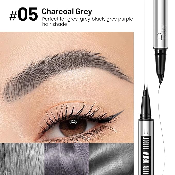 Pudaier 2 Pack 2 Fine Tip Eyebrow Pen, Waterproof Filling Faux Brow Makeup Pencils for Women with Precise Curved Brush-Tip to Fast Create Natural Hair-Like Brows, Last All-Day (Charcoal Grey)