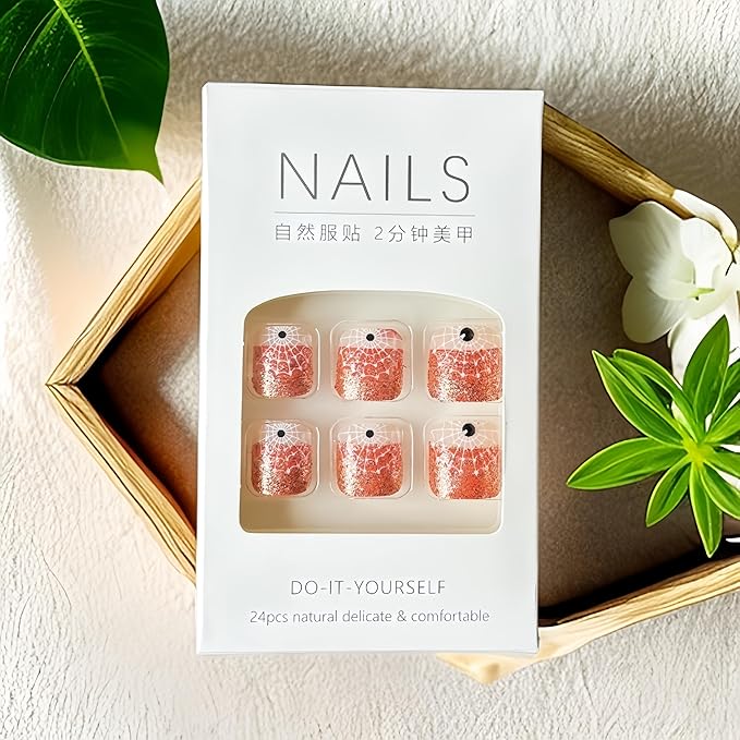 24Pcs Halloween Orange Glitter French Tips Press on Toenails Short Square Fake Toe Nails with Rhinestones White Spider Web Designs False Toenail Black Orange Halloween Acrylic Toenail for Women