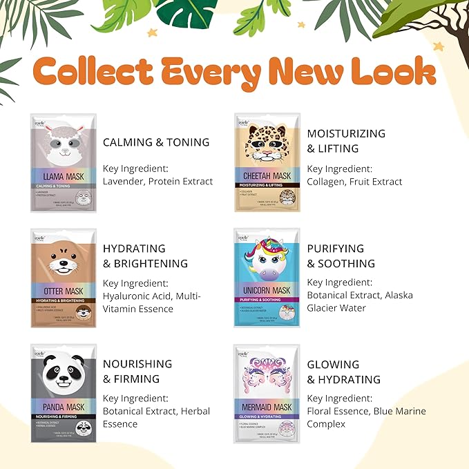 Epielle Character Face Mask Mystical Safari 6 Pack, Fun & Effective Korean Skin Care, Spa Party Favors, Stocking Stuffers, Birthday Gifts for Women, Thanksgiving Essentials