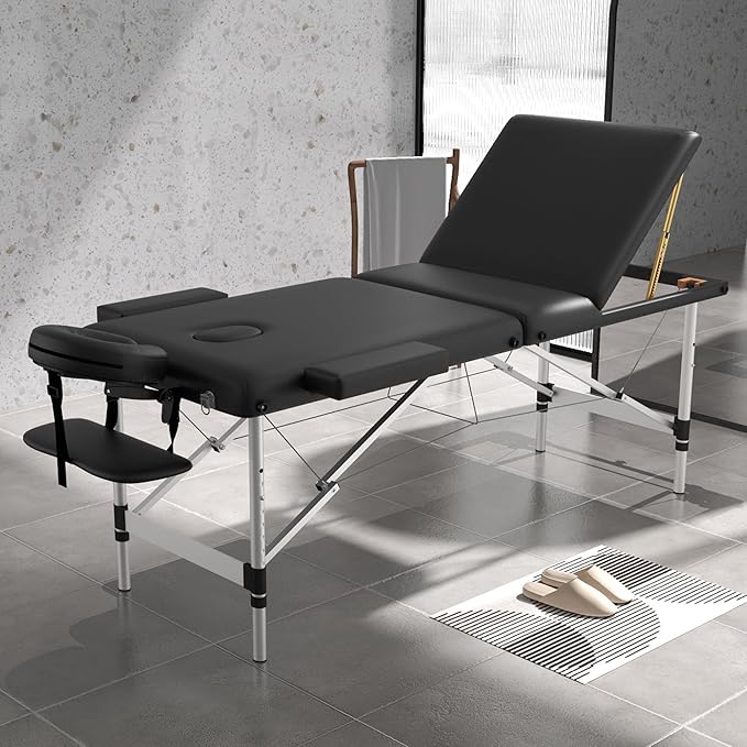Massage Table Massage Bed, Portable 3 Section Foldable Tattoo Bed, Height Adjustable Lash Spa Bed with Face Cradle, Home Light Weight Facial Salon Bed with Aluminum Frame, Black