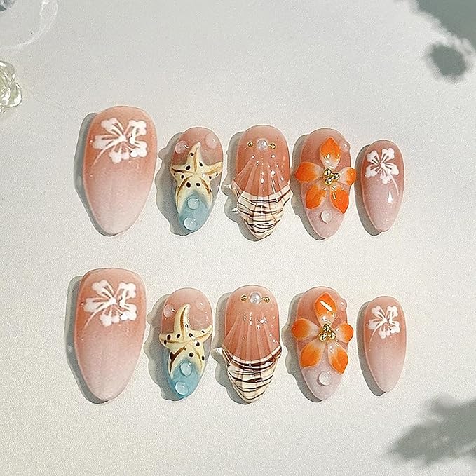 24Pcs Summer Beach Press on Nails Medium Almond Fake Nails with 3d Starfish Designs Hibiscus Flower Acrylic Nails Full Cover French Nail Tips Pearl Rhinestone Stick on Nails for Women Nail Supplies
