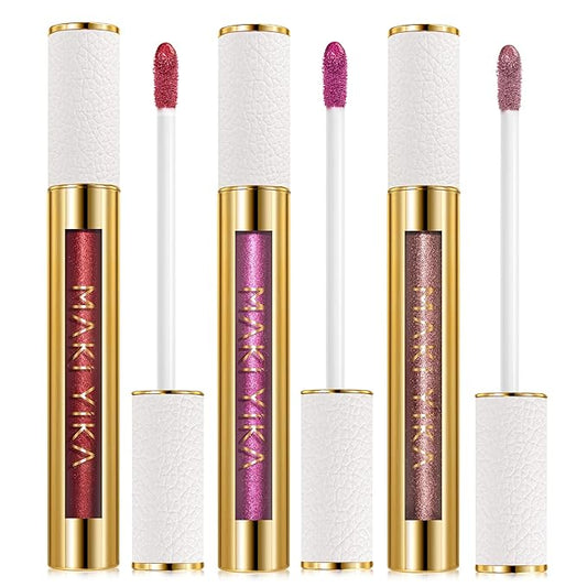 MAKI YIKA 3Pc Metallic Lipstick for Women, Red Pink Brown Glitter, Long Lasting, Full-Coverage Liquid Lip Gloss