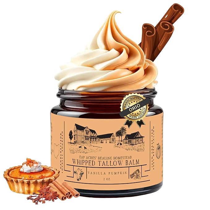 100% Grass-Fed Whipped Tallow Balm & Organic Jojoba Oil infused with Organic Madagascar Vanilla Beans, Organic pumpkin & clove: face/body moisturizer: dry, sensitive skin, (VANILLA PUMPKIN)