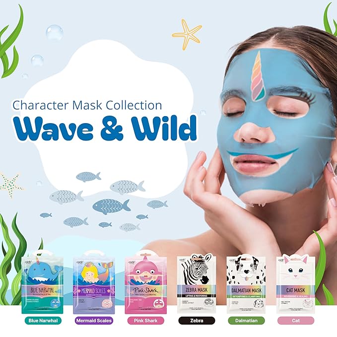 Epielle Character Face Mask Wave & Wild 6 Pack, Fun & Effective Korean Skin Care, Spa Party Favors, Stocking Stuffers, Birthday Gifts for Women, Thanksgiving Essentials