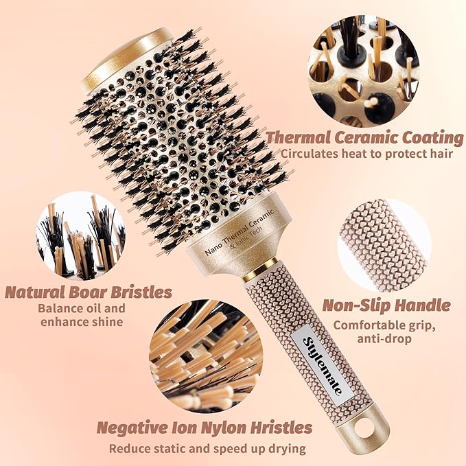 Large Round Brush for Blow Out, (2.7 Inch, 65mm Barrel) Nano Thermal Ceramic & Ionic Tech Round Barrel Roller Hair Brush with Boar Bristles for Blow Drying and Styling