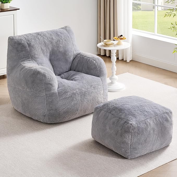 ONBRILL Giant Bean Bag Chairs for Adults with Ottoman, Faux Fur Boneless Chaise Couch Filler with Memory Foam,Large BeanBag Lounge Lazy Floor Sofa Accent Chair for Living Room,Bedroom & Game Rooms