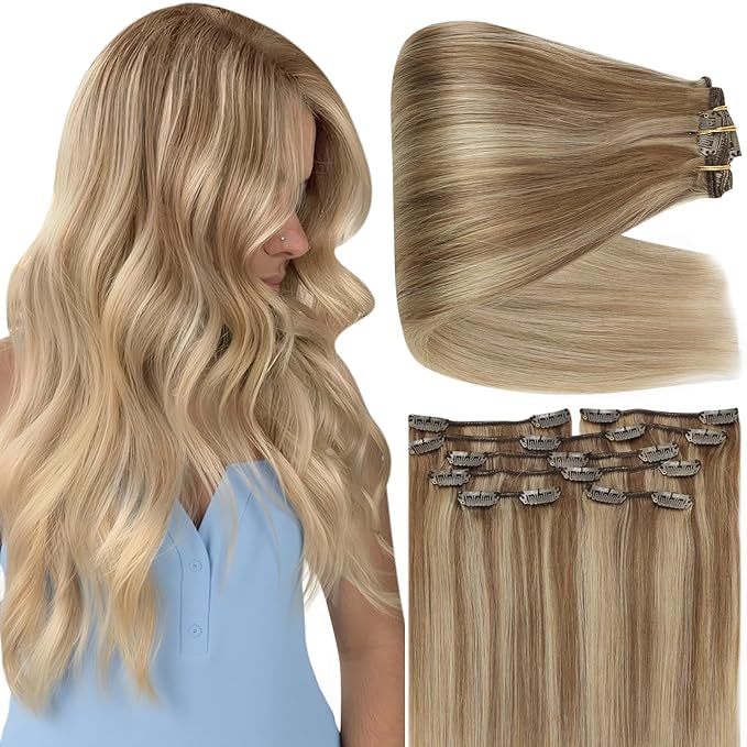 Full Shine Clip in Hair Extensions Real Human Hair Balayage Thick Hair Extensions Golden Brown to Dark Blonde Remy Hair Clip in Extensions Double Weft 7 Pcs 18 Inch 135 G