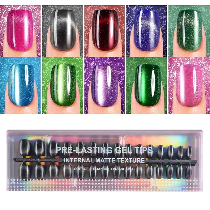 Cat Eye Press on Nails Short Square, 300Pcs Soft Gel Fake Nails, Glossy Glitter Cat Eye Nail Tips for Women and Girls Stick On Nails in 15 Sizes