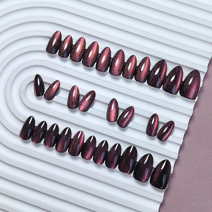 KQueenest Press On Nails Short - Light Pink to Black Press On Nails Almond Shape, Glitter Cat Eye Fake Nails with Nail Glue, Reusable Cute Dark Gel Glue On Nails with Color-Shifting Glow, 30 Pcs