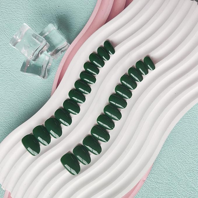 Dark Green Press on Nails Short Almond Shape, Thick Solid Color Glue on False Nails, Medium Oval Round Shaped for Women, 24Pcs Natural Acrylic Gel