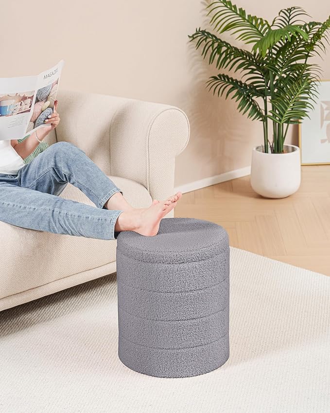 B FSOBEIIALEO Ottoman with Stroage, Round Sherpa Storage Ottoman Stool, Boucle Foot Rest 14.6"x14.6"x17.7"（Grey