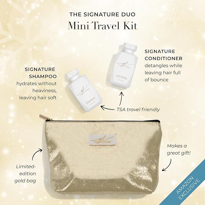 Goldie Locks Shampoo and Conditioner Travel Set - TSA-Approved Hydrating Hair Care Duo with Biotin, Marula Oil & Rose Water – Protein, Sulfate & Paraben-Free in Limited Edition Gold Bag - 3.4 oz each