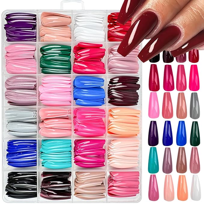576Pcs Long Press on Nails Coffin Fake Nails Solid Color False Nails Full Cover Glossy Acrylic Glue on Nails 24 Color Reusable Artificial Nail Stick on Nail for Women Manicure