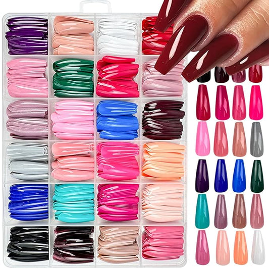 576Pcs Long Press on Nails Coffin Fake Nails Solid Color False Nails Full Cover Glossy Acrylic Glue on Nails 24 Color Reusable Artificial Nail Stick on Nail for Women Manicure