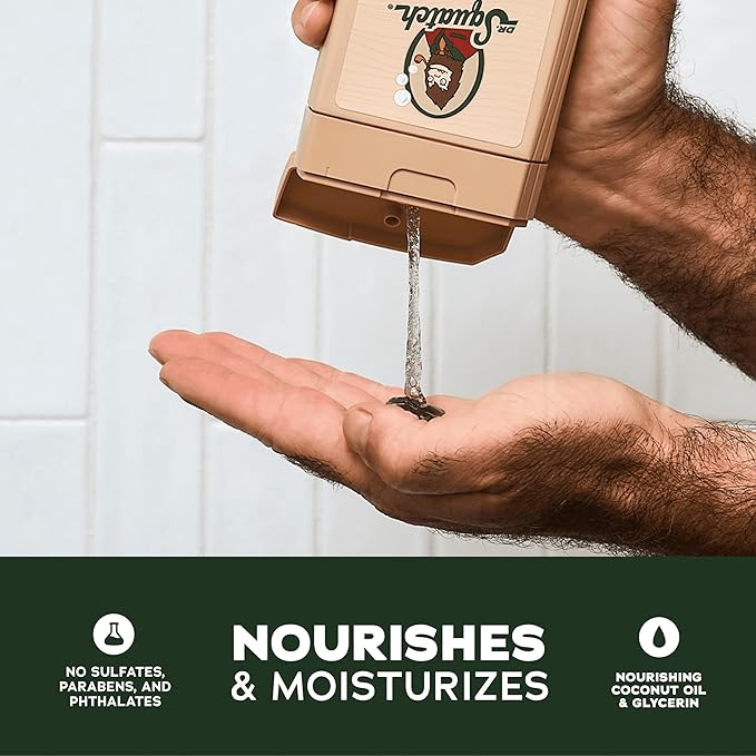 Dr. Squatch NEW Body Wash for Men with Nourishing, Natural Ingredients | No Paraben, Phthalate, Sulfate | Pine Tar (14 oz), Coconut Castaway & Wood Barrel Bourbon (8 oz, 2-Pack) & Body Scrubber