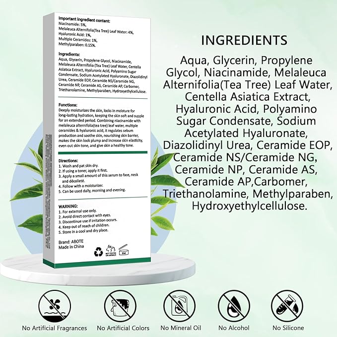 Travel Skincare 5% Niacinamide Serum with 4% Tea Tree Extracts | 1% Ceramide Complex | Deep Hydration | Regulates Sebum | Soothes Skin (3 Pack 0.507 fl.oz | 15ml)