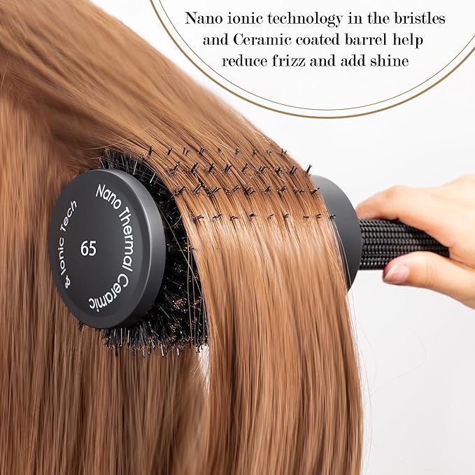 Large Round Brush, (Barrel 2.7 Inch, 65mm,) Nano Thermal Ceramic & Ionic Tech Round Barrel Roller Hair Brush with Boar Bristles for Blow Drying-Black