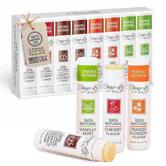 100% Natural Lip Balm Set - Hydrating and Moisturizing Beeswax Natural 4 Flavor Assortment - Lip Moisturizer for Dry Lips - Cocoa Butter - Petroleum Free Pack of 8