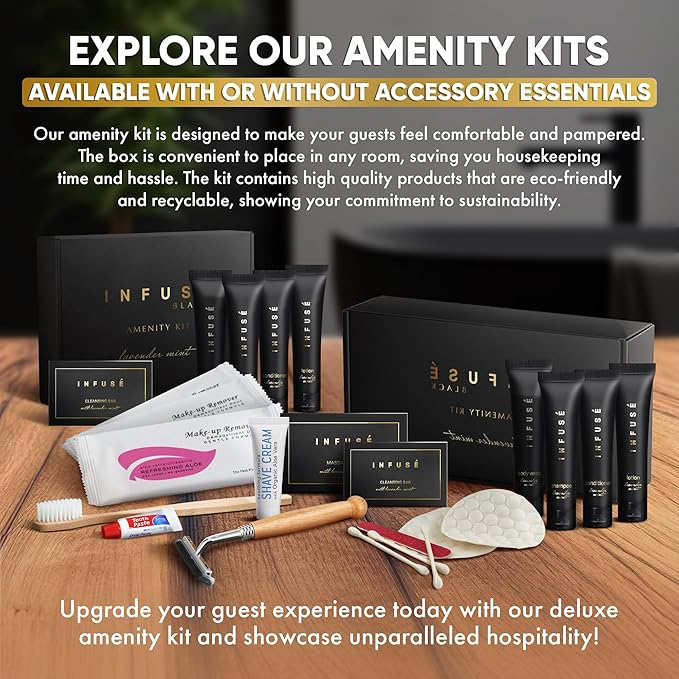 Infuse Black | Amenity & Accessory Kit | 1 oz Travel Size Shampoo, Conditioner, Lotion, Body Wash, Body Bar, 2 Cleansing Bar, Shave & Dental Sets, Make-Up Remover Wipes & Vanity Kit | 15 sets per case